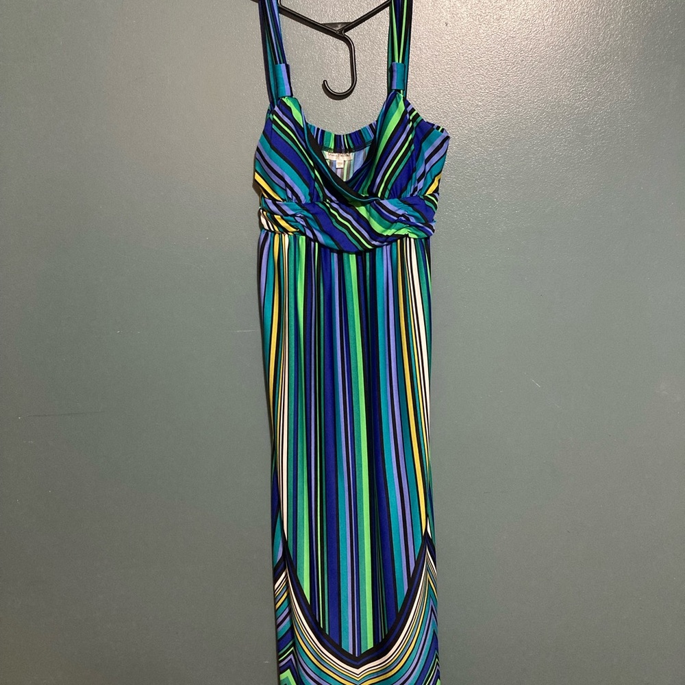 Olivia Matthews Vertical Stripe Maxi Dress in Blue, Green & Black